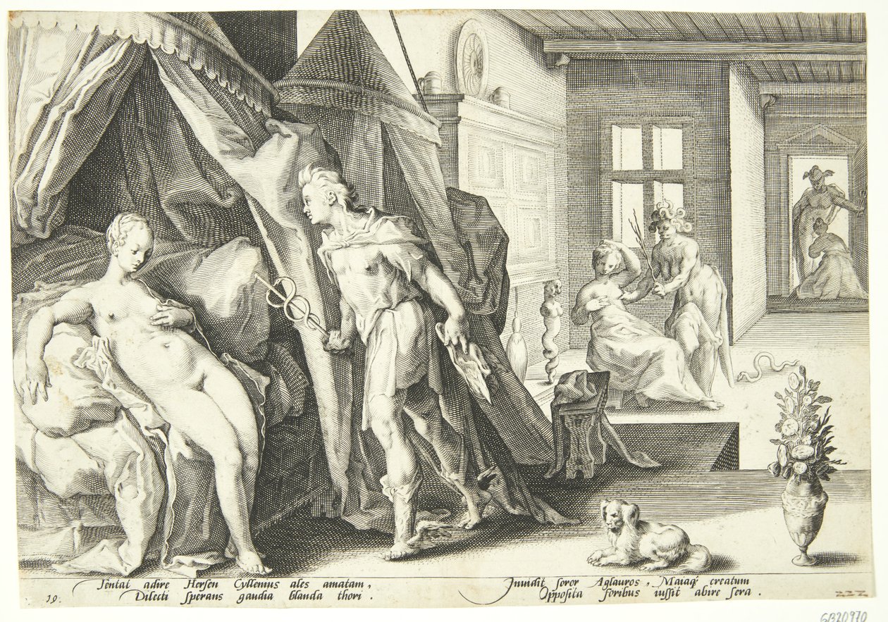 Mercúrio entra no quarto de Herse depois de transformar Agraulos em pedra de Hendrick Goltzius