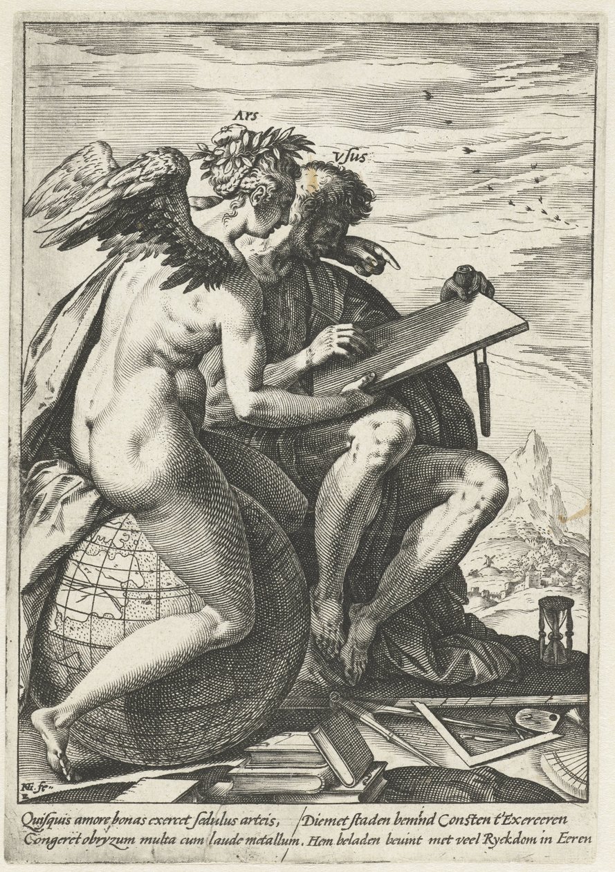 Exercício e Arte (Ars/Usus) A recompensa do trabalho, diligência, prática e arte (título da série) de Hendrick Goltzius