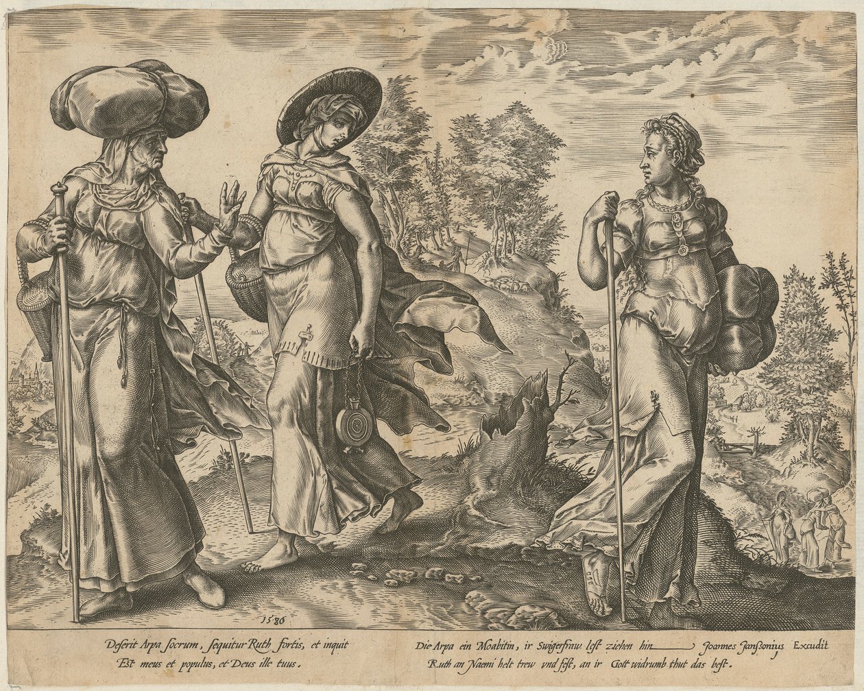 Orfa despede-se de Rute e de Noemi [página 1] e Rute perante Boaz no campo [página 2], páginas 1 e 2 da série «A História de Rute» de Hendrick Goltzius