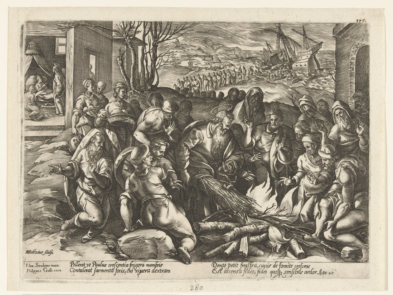 Paul mordido na mão por uma víbora
História dos apóstolos (título da série) de Hendrick Goltzius