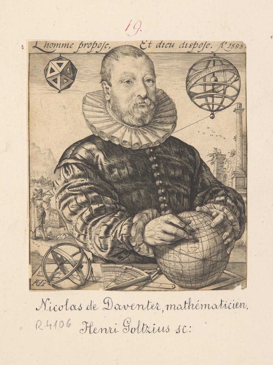 Retrato de Nicolaus Petri Daventriensis, na realidade Claes Pietersz van Deventer, cerca de 1540-1602 - matemático e astrónomo de Hendrick Goltzius