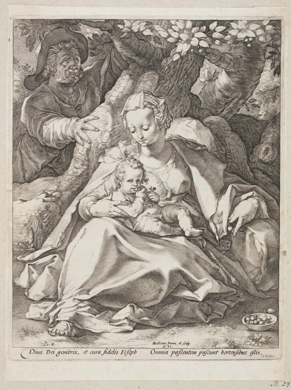 Descanse no voo para o Egito sob uma cerejeira de Hendrick Goltzius