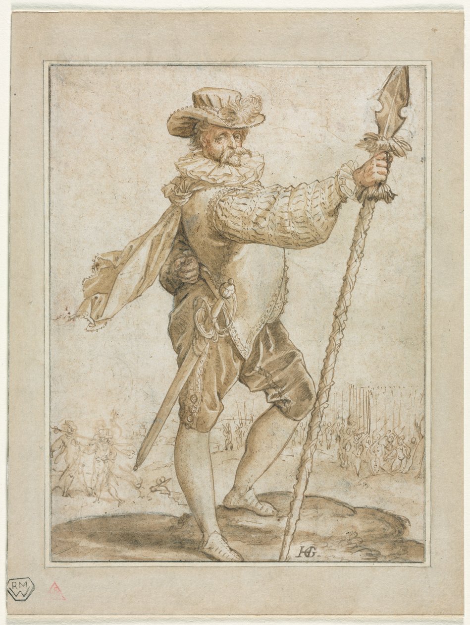 Oficial permanente segurando a lança de um javali de Hendrick Goltzius