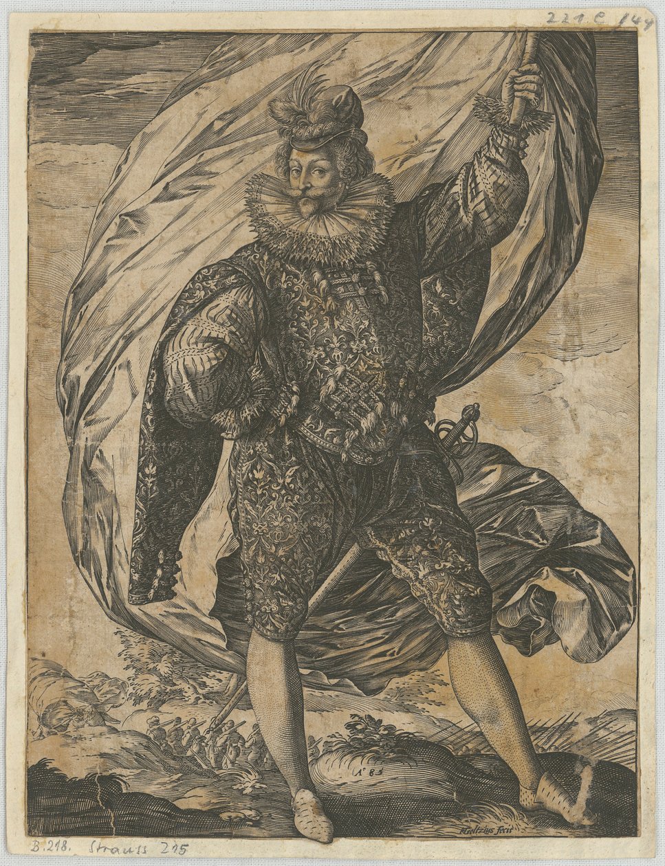 Porta-bandeira em pé, com a cabeça virada para a esquerda de Hendrick Goltzius
