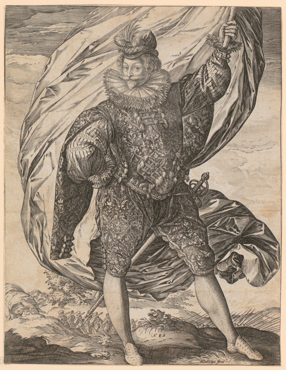 Porta-estandarte de pé, com a cabeça virada para a esquerda de Hendrick Goltzius
