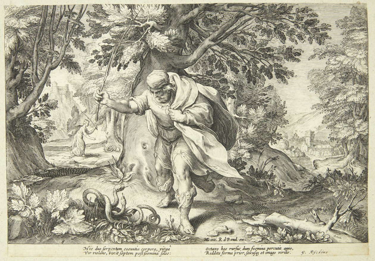 Teiresias ataca duas cobras em acasalamento com seu cajado de Hendrick Goltzius