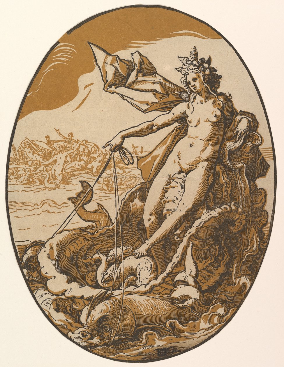 Tétis reclinada num gigantesco carro em forma de concha puxado por duas criaturas marinhas, de «As Divindades» de Hendrick Goltzius