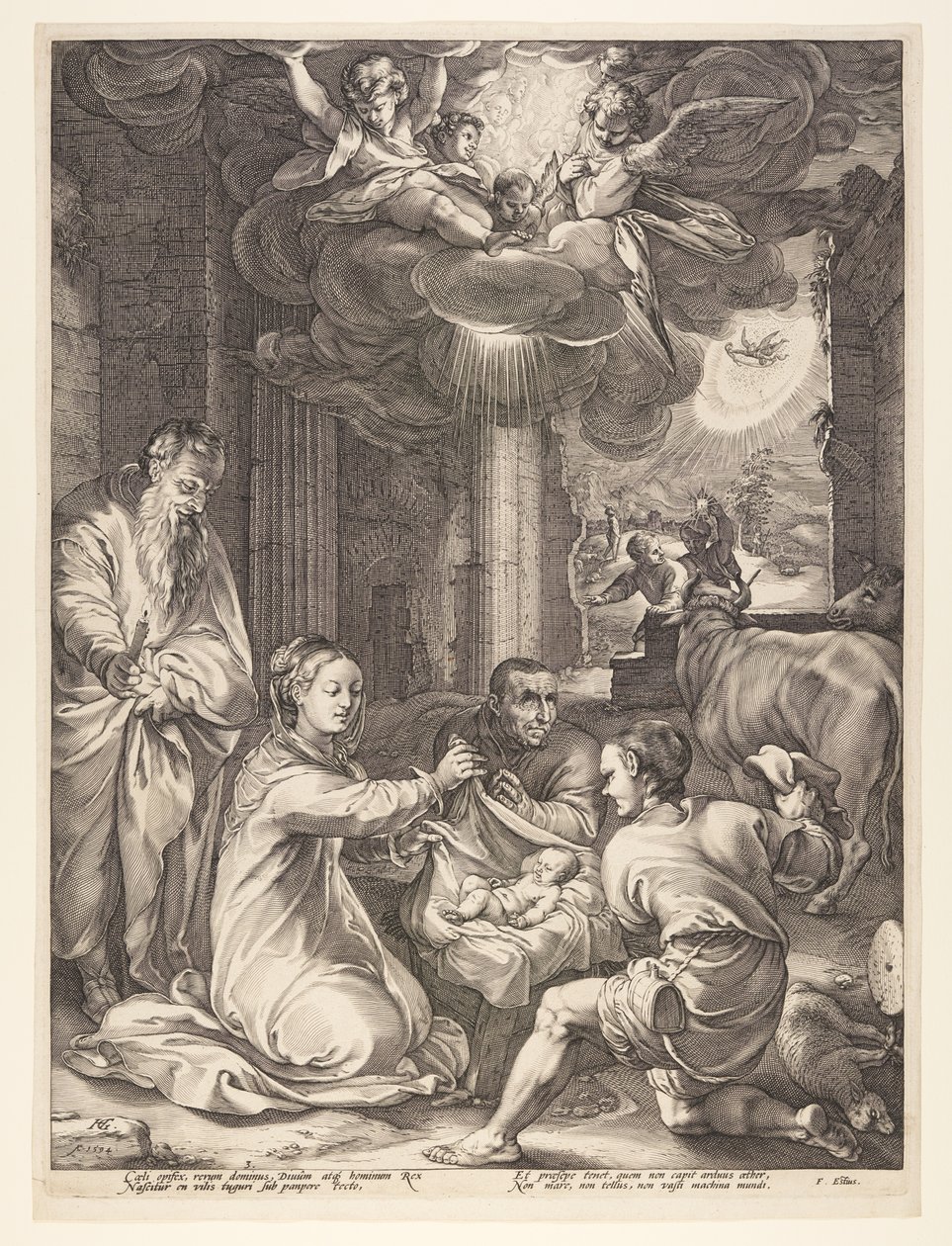 Adoração dos pastores, de O nascimento e os primórdios da vida de Cristo de Hendrick Goltzius