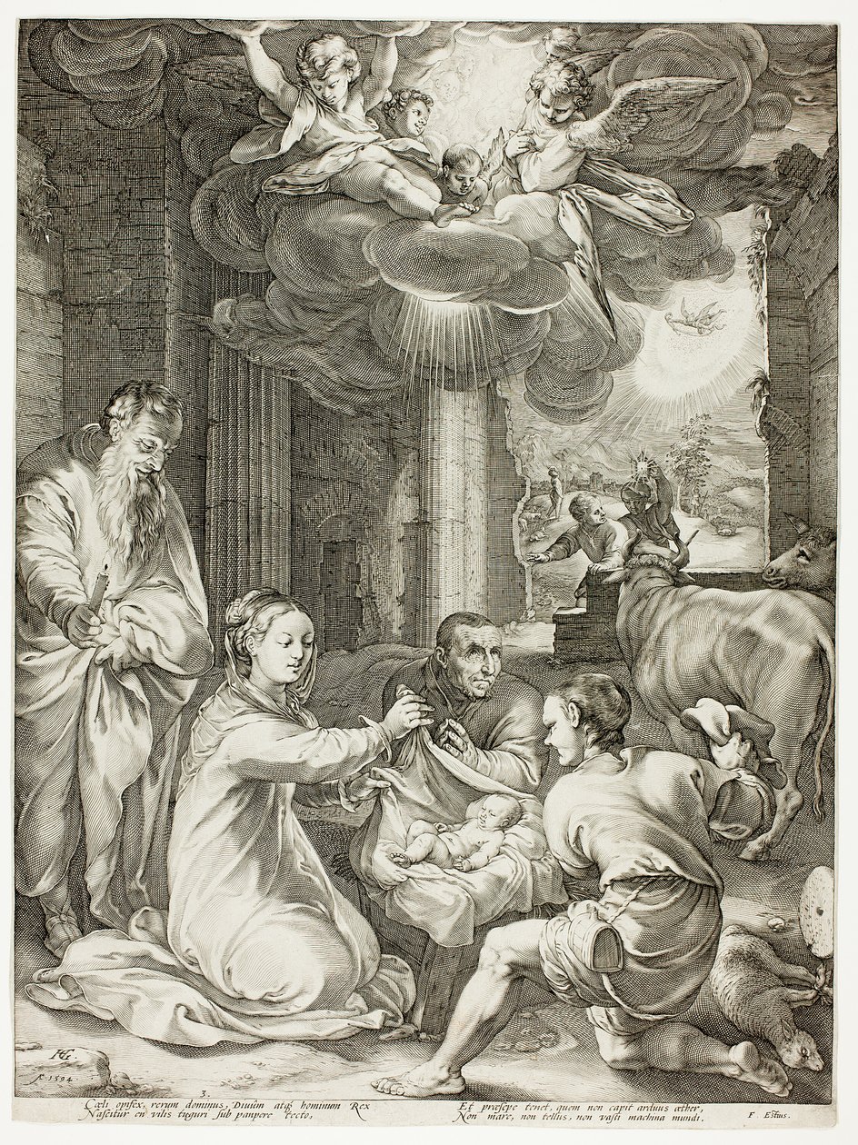 A Adoração dos Pastores, placa três de O Nascimento e Início da Vida de Cristo de Hendrick Goltzius