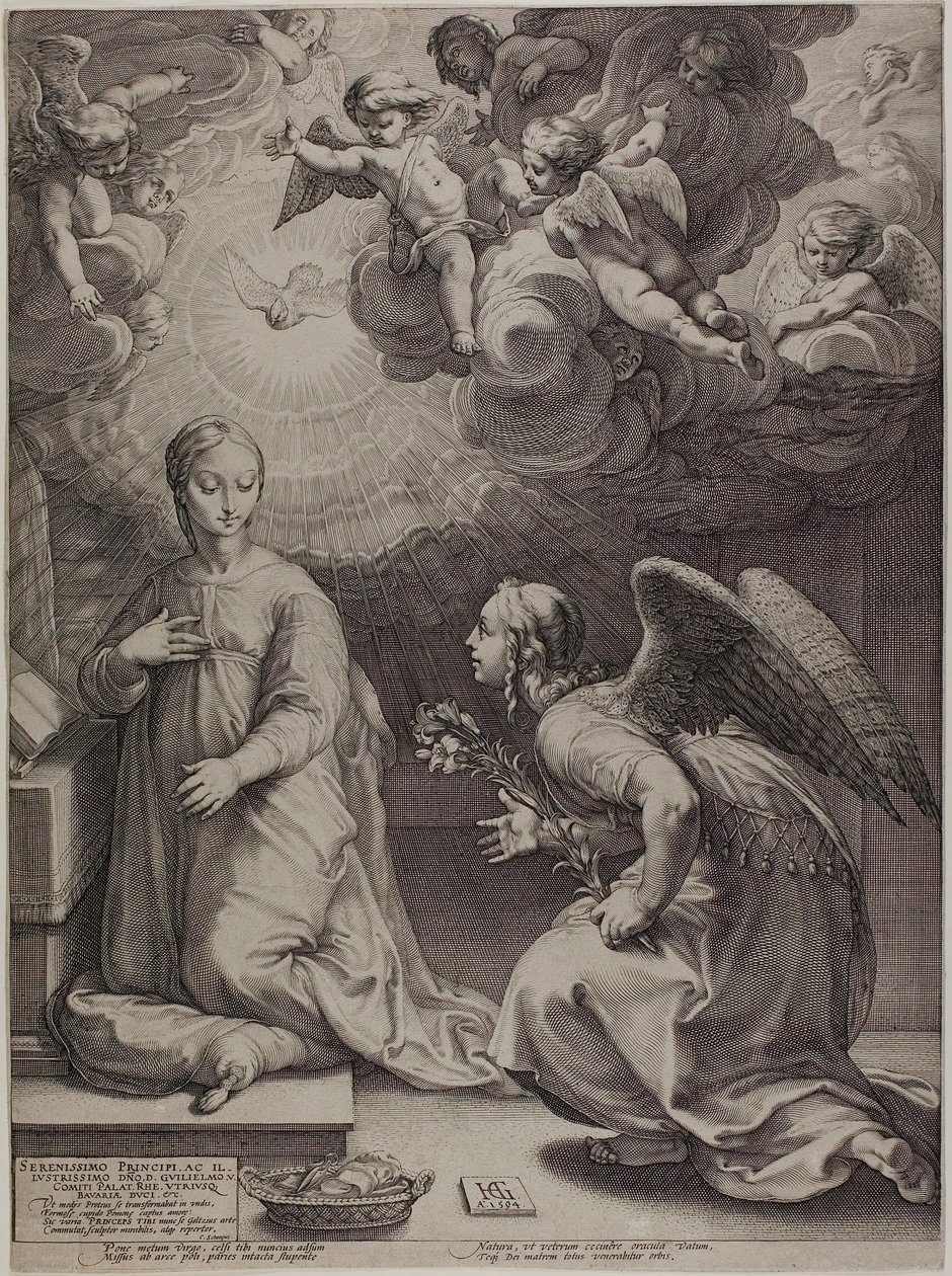 A Anunciação, placa um de O Nascimento e Início da Vida de Cristo de Hendrick Goltzius