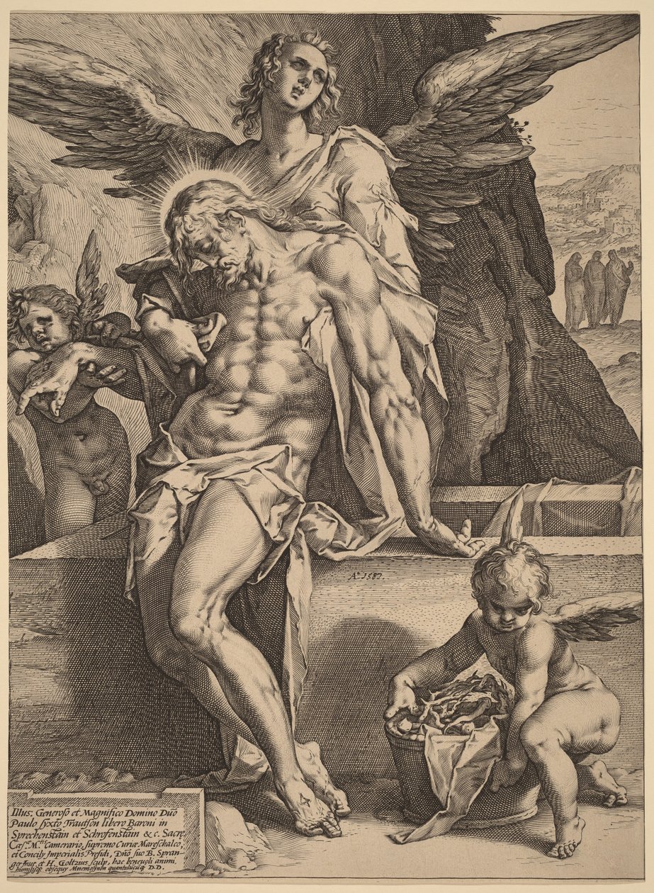 O corpo de Cristo amparado por anjos de Hendrick Goltzius