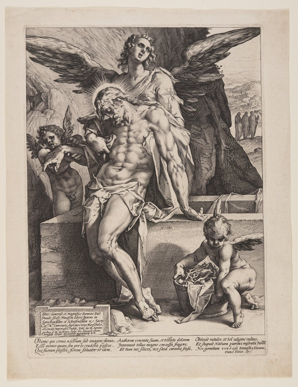 O Salvador Morto Amparado por um Anjo de Hendrick Goltzius