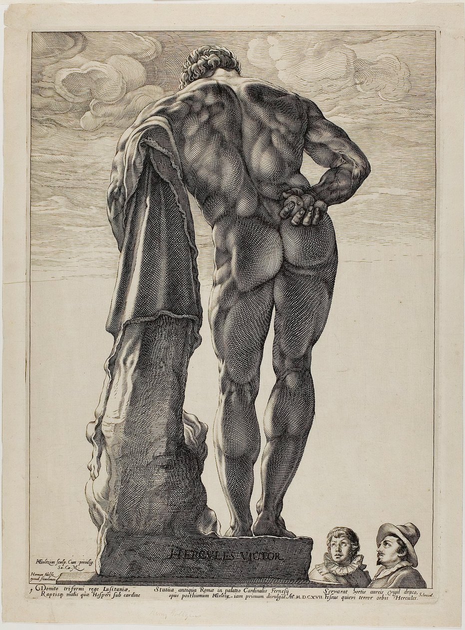O Hércules Farnésio, prato um de Três Esculturas Antigas Famosas de Hendrick Goltzius