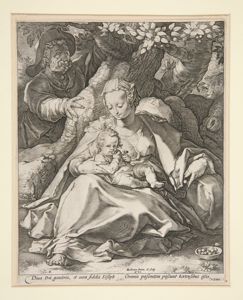 A Sagrada Família sob a cerejeira / Descanse na fuga para o Egito sob uma cerejeira de Hendrick Goltzius