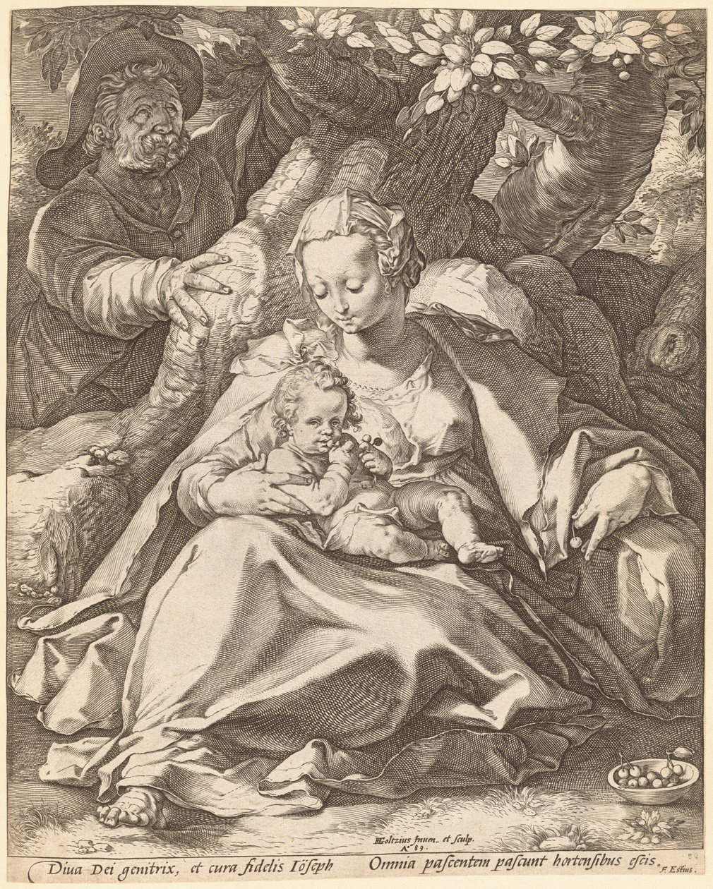A Sagrada Família sob uma cerejeira de Hendrick Goltzius