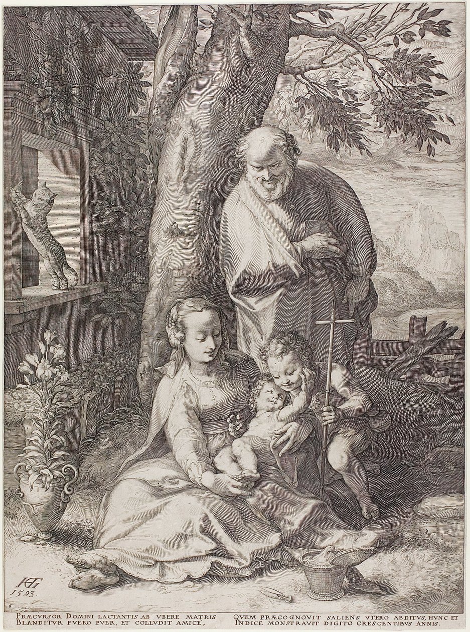 A Sagrada Família com o Menino João Batista, placa seis do nascimento e início da vida de Cristo de Hendrick Goltzius