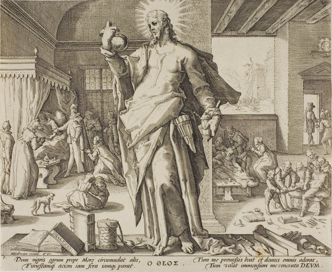 O Médico Considerado como Deus, placa um de Alegorias da Profissão Médica. de Hendrick Goltzius