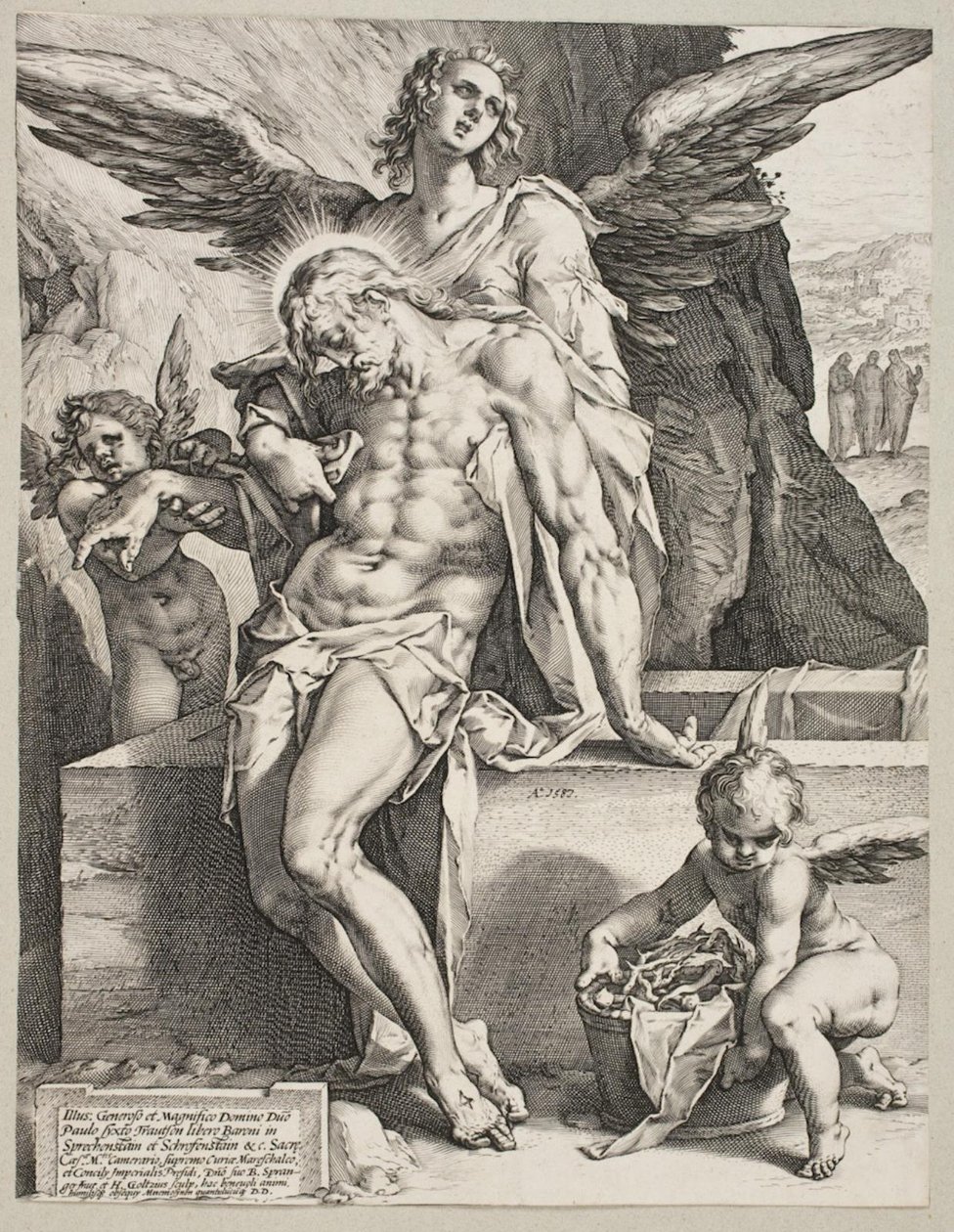 O corpo de Cristo sustentado por um anjo de Hendrick Goltzius