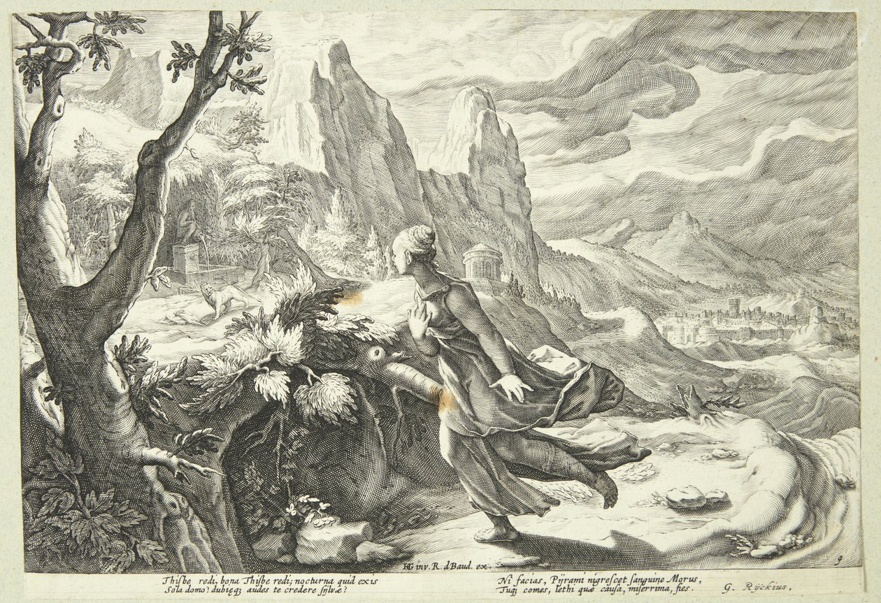 Thisbe assustado com o leão de Hendrick Goltzius