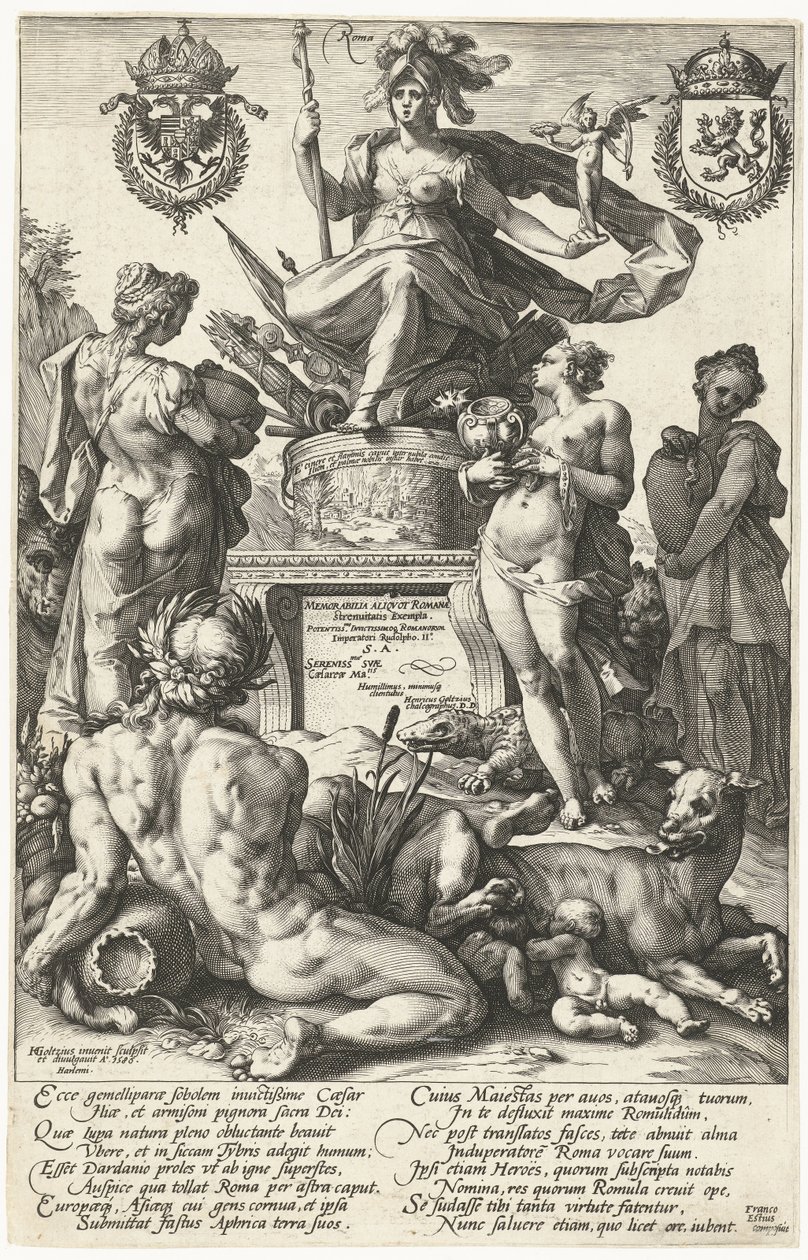 Impressão do título da série de impressão The Roman Heroes
Roma (título sobre o objecto)
Os heróis romanos (título da série) de Hendrick Goltzius