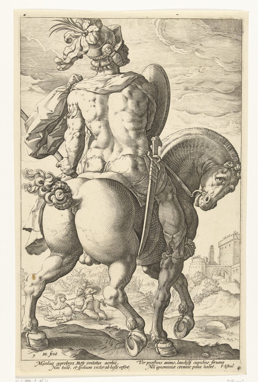 Titus Manlius a cavalo Os Heróis Romanos (título da série) de Hendrick Goltzius