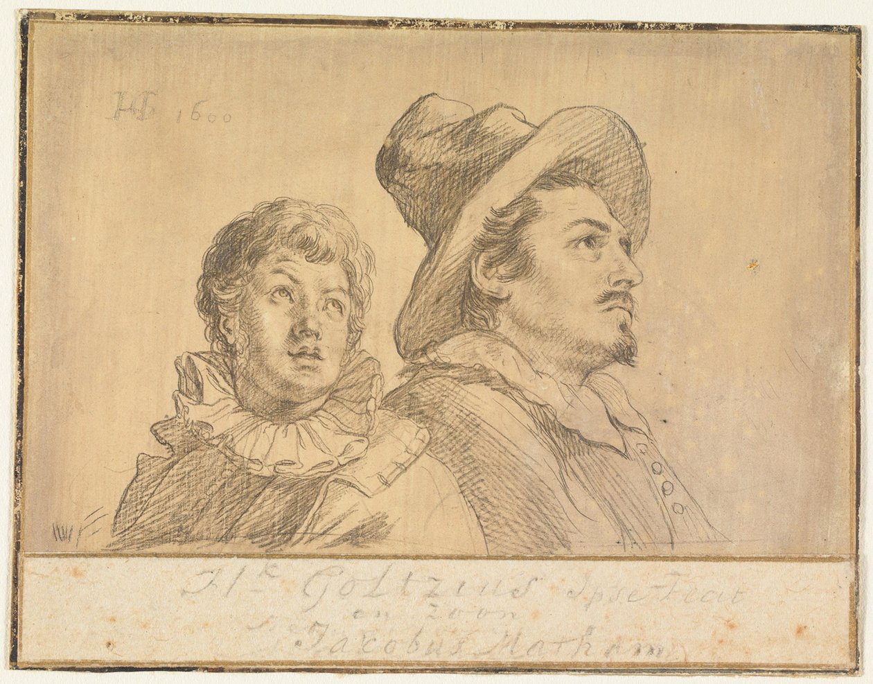 Dois homens, possivelmente Jan Matthijs Ban e Philips van Winghe (anverso). Rapaz com chapéu, retratado até à cintura. Nos braços, segura um velho falecido (verso) de Hendrick Goltzius
