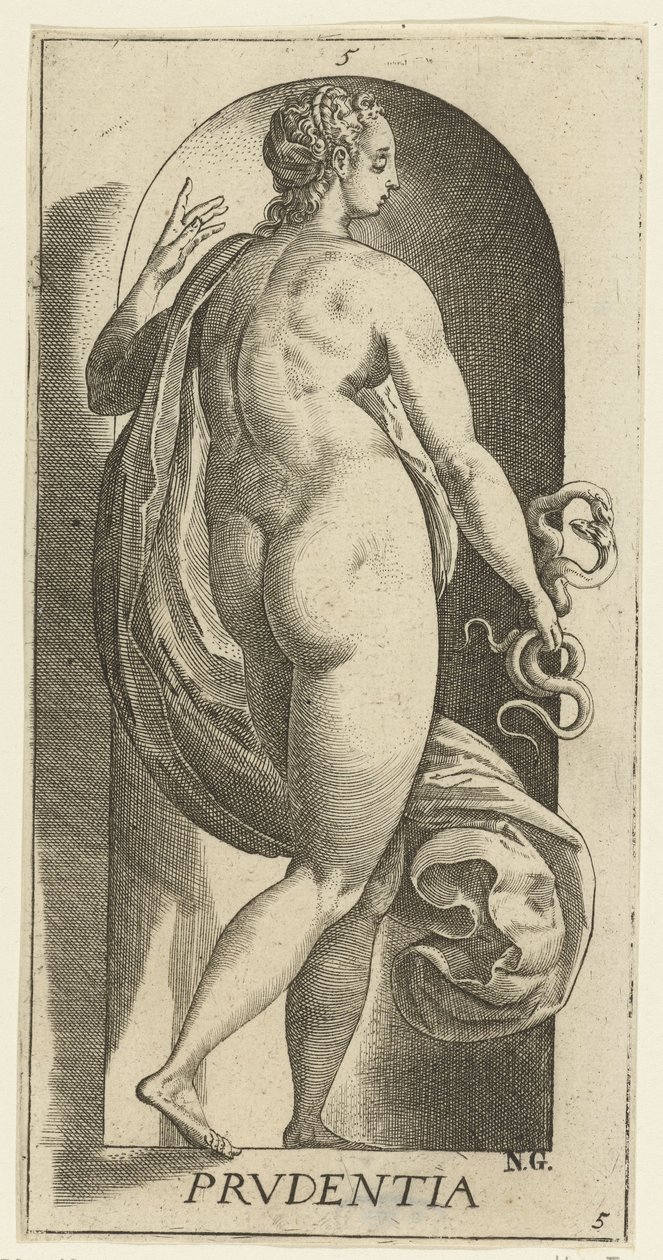 Cuidado Prudentia (título no objeto) As Sete Virtudes (título da série) de Hendrick Goltzius