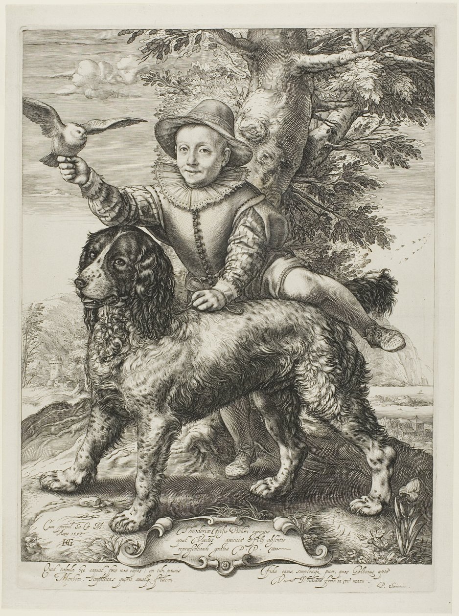 Vries, Frederik de (falecido em 1613), filho do pintor Dirck de Vries, aluno de Goltzius, com o cão de Goltzius de Hendrick Goltzius
