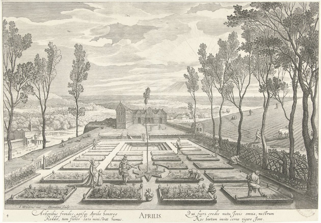 Abril, com uma empresa num jardim
Aprilis (título sobre o objecto)
Os doze meses (título da série) de Hendrick Hondius (I)