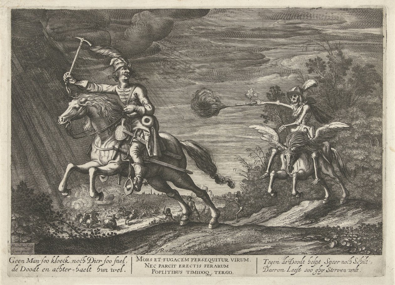 Cavaleiro e Morte
Nenhum Homem tão corajoso, nem Besta tão rápido, Morte e os ataca bem (título sobre o objecto) de Hendrick Hondius (I)
