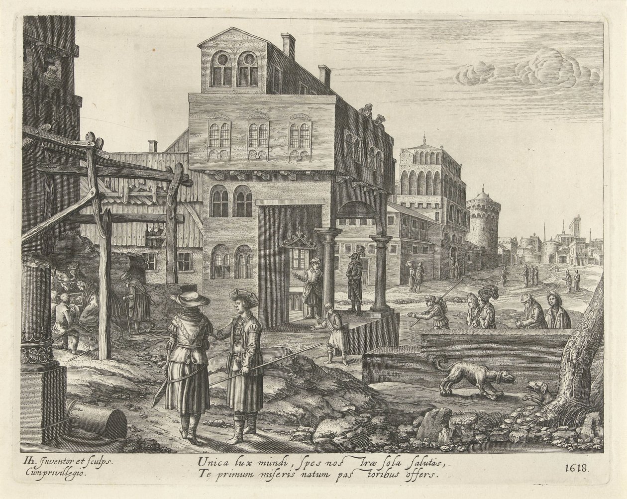 Paisagem de Cityscape com adoração pelos pastores de Hendrick Hondius (I)