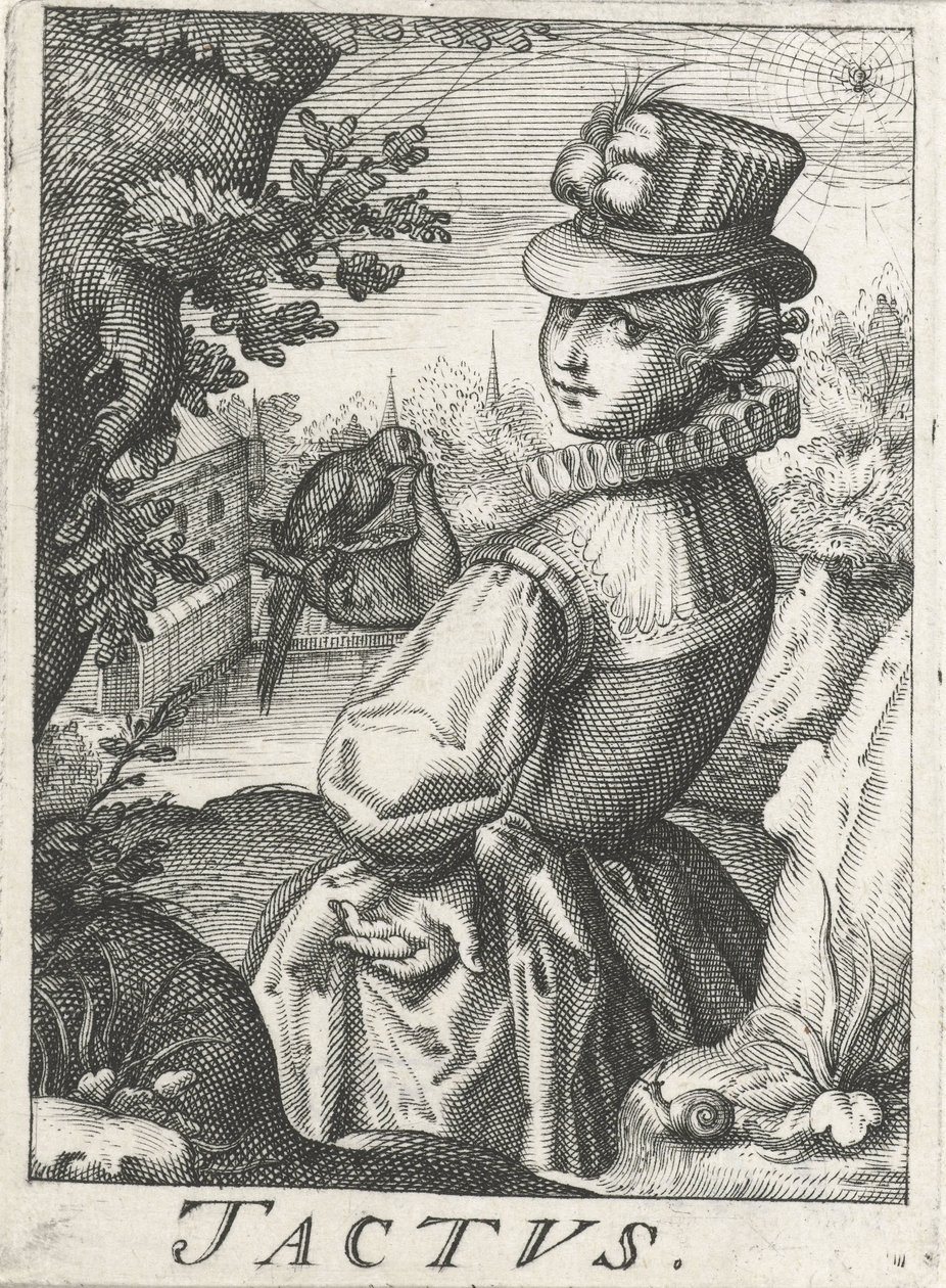 Sentindo (Tactus), uma mulher com um pássaro Tactus (título no objeto) Os cinco sentidos (título da série) de Hendrick Hondius (rejected attribution)
