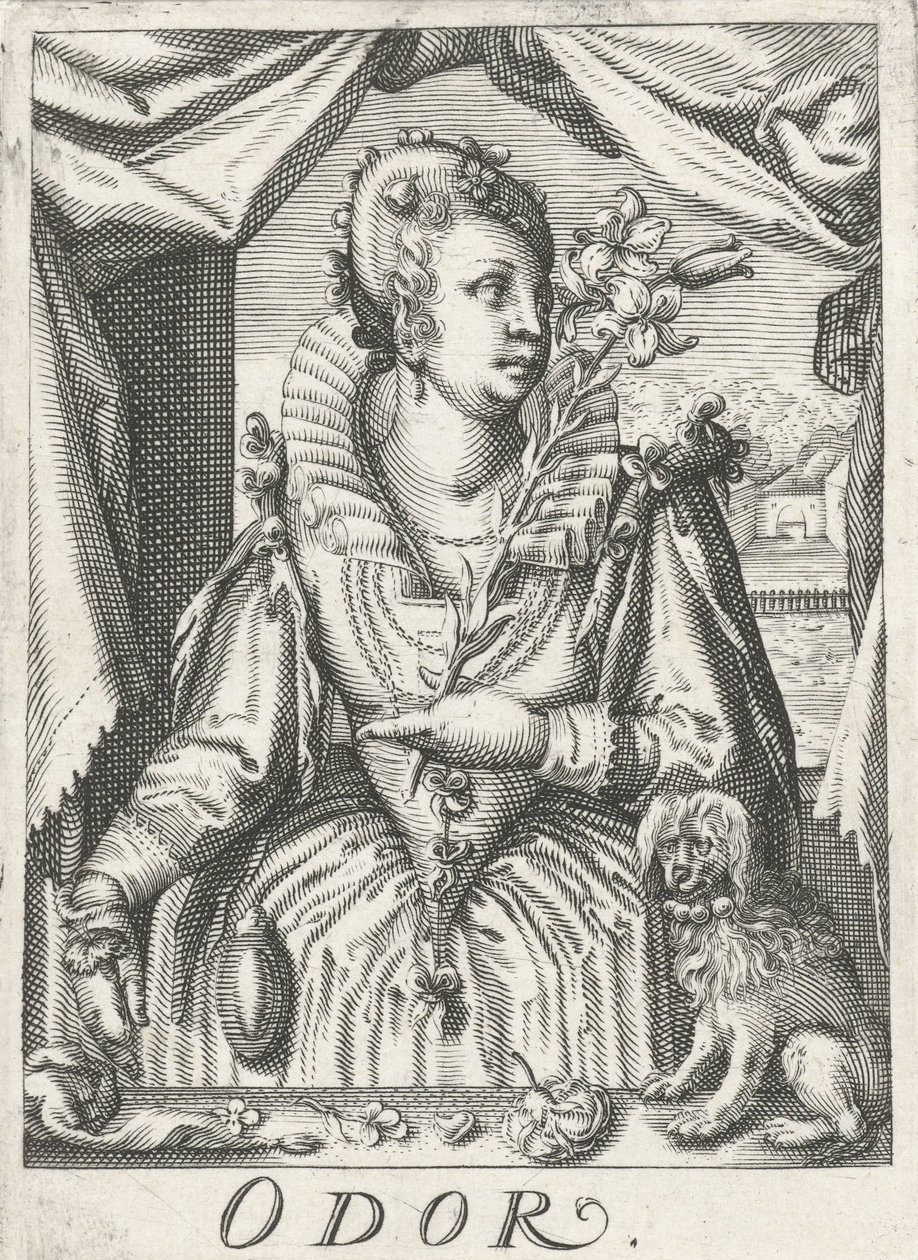 Odor (Odor), uma mulher com um ramo de flor
Odor (título sobre o objecto)
Os cinco sentidos (título da série) de Hendrick Hondius (rejected attribution)