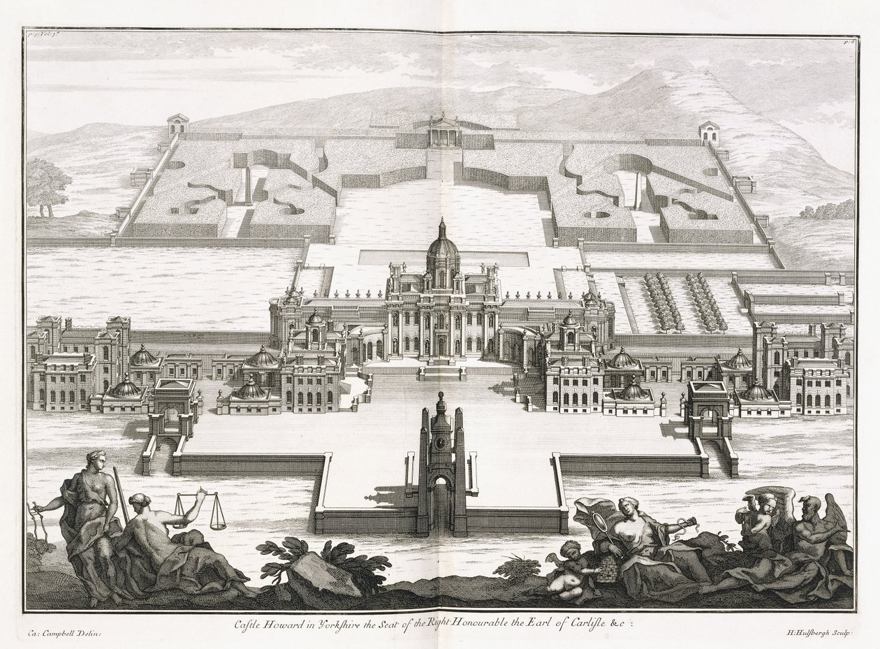 Castle Howard em Yorkshire, de "Vitruvius Britannicus" ou "The British Architect, contendo as plantas, elevações e seções dos edifícios regulares públicos e privados, na Grã-Bretanha" por Colin Campbell de Hendrick Hulsberg