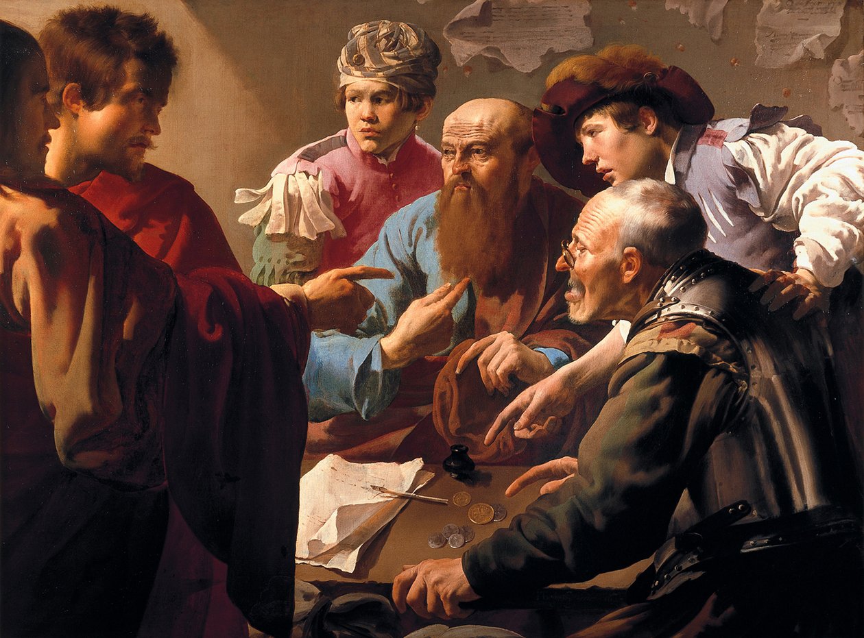 O Chamado de São Mateus (falecido 61). Representado sentado na alfândega de Cafarnaum (Kefar Nahum, Israel), ele é escolhido por Jesus e segue-o, tornando-se um dos seus apóstolos e escrevendo um evangelho. Pintor de Hendrick Jansz Terbrugghen