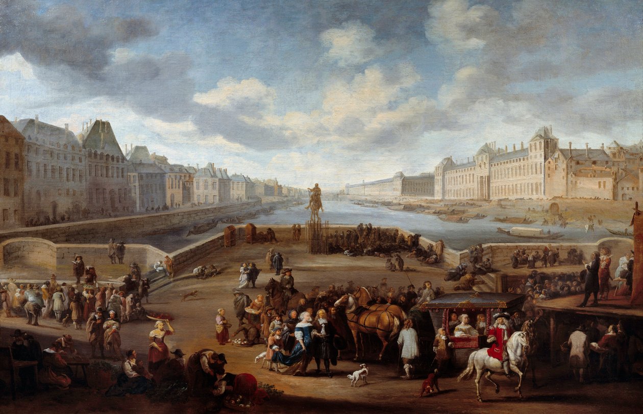 Vista de Paris com o Louvre, tirada da ponte Henri IV (Actuel Pont Neuf). Pintura de Hendricks Mommers (1623-1693) de Hendrick Mommers
