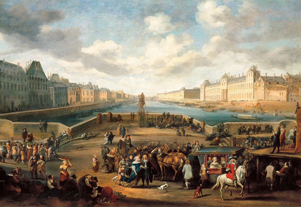 Vista de Paris com o Louvre, tirada da ponte Henri IV (Pont neuf) - óleo sobre tela de Hendrick Mommers