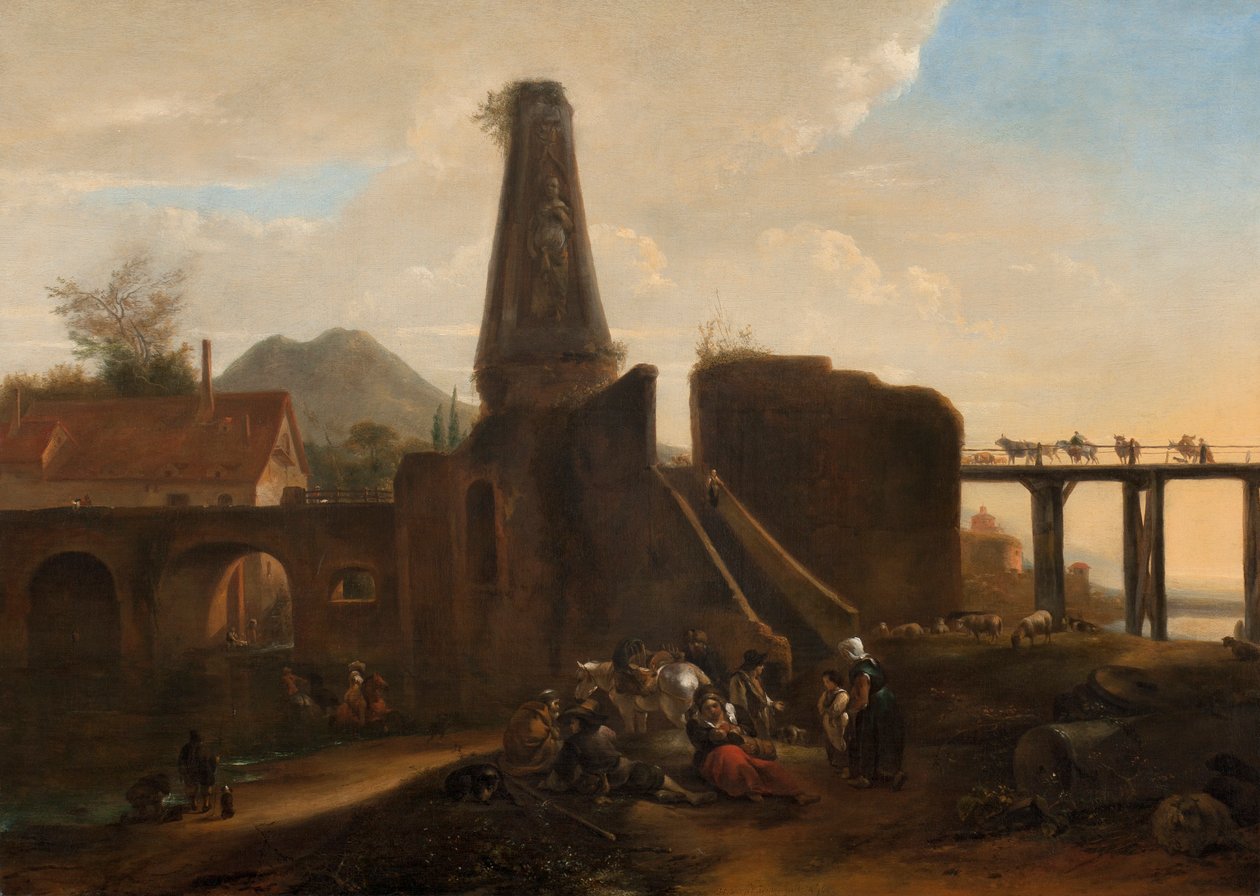 Viajantes em repouso ao lado de ruínas clássicas, 1663 óleo sobre tela de Hendrick Verschuring