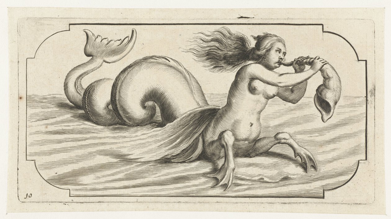 Uma figura feminina sopra sobre uma concha
Nouveau Livre des Dieux et Deeßes De la Marine Bouckje of Sea Gods and Goddesses (título da série) de Hendrick de Keyser (I)