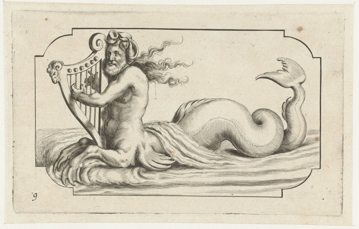 Tritão tocando harpa Nouveau Livre des Dieux et Deeßes De la Marine Bouckje of Sea Gods and Goddesses (título da série) de Hendrick de Keyser (I)
