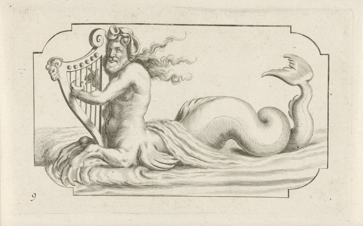 Tritão tocando uma harpa
Nouveau Livre des Dieux et Deeßes De la Marine Bouckje of Sea Gods and Goddesses (título da série) de Hendrick de Keyser (I)