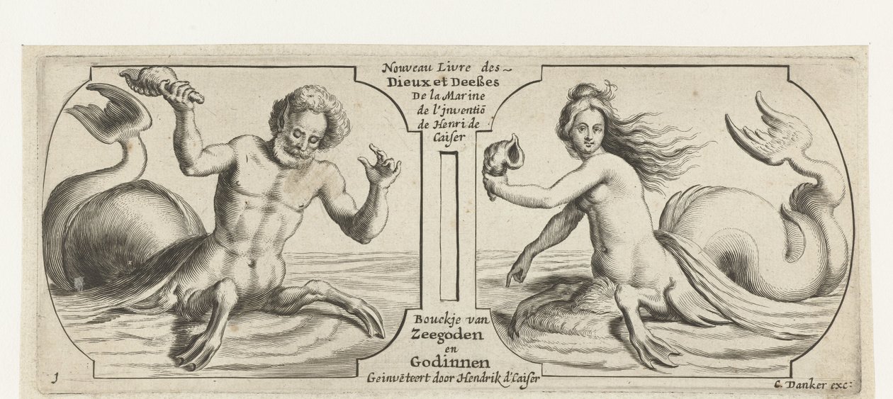 Dois compartimentos, em cada um tritão Nouveau Livre des Dieux et Deeßes De la Marine Bouckje of Sea Gods and Goddesses (título no objeto) Nouveau Livre des Dieux et Deeßes De la Marine Bouckje of Sea Gods and Goddesses (título da série) de Hendrick de Keyser (I)