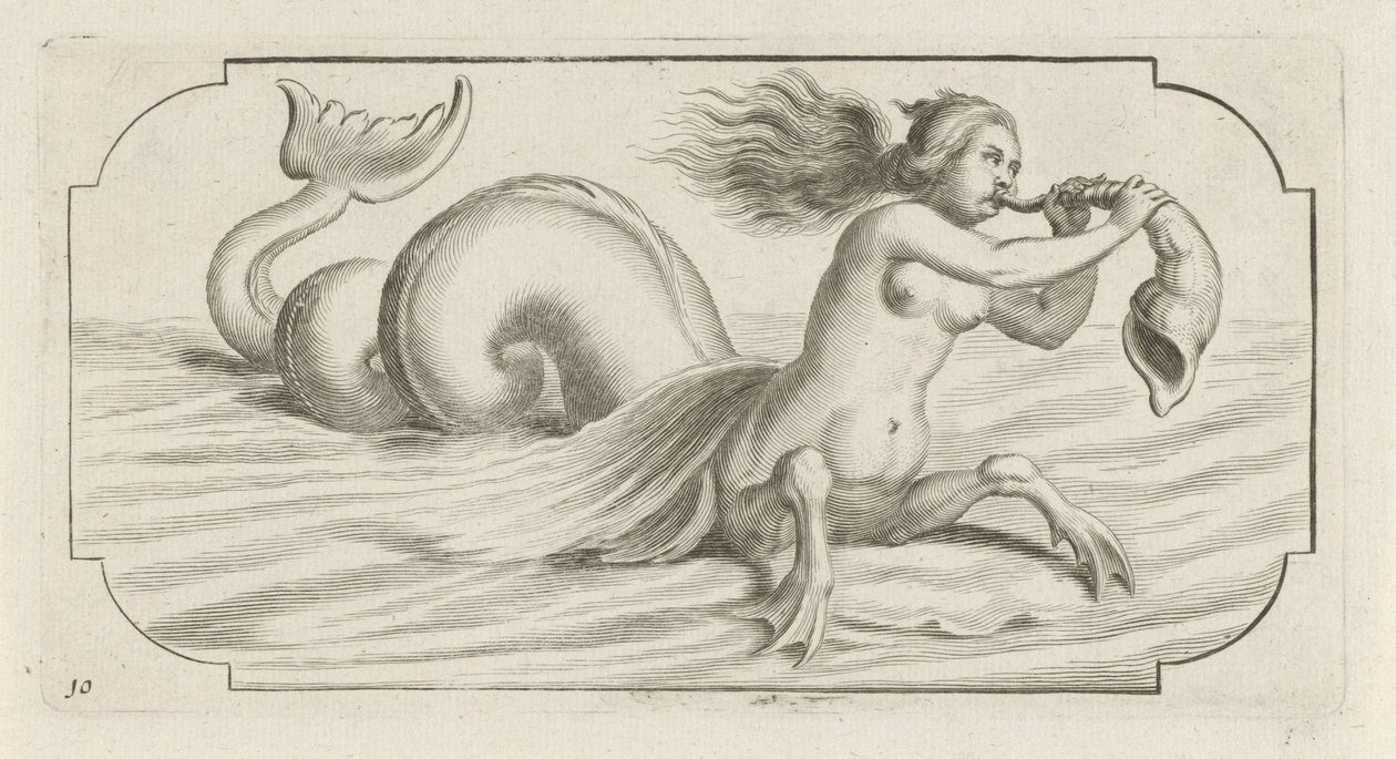 Figura feminina a soprar sobre uma concha
Nouveau Livre des Dieux et Deeßes De la Marine Bouckje of Sea Gods and Goddesses (título da série) de Hendrick de Keyser (I)