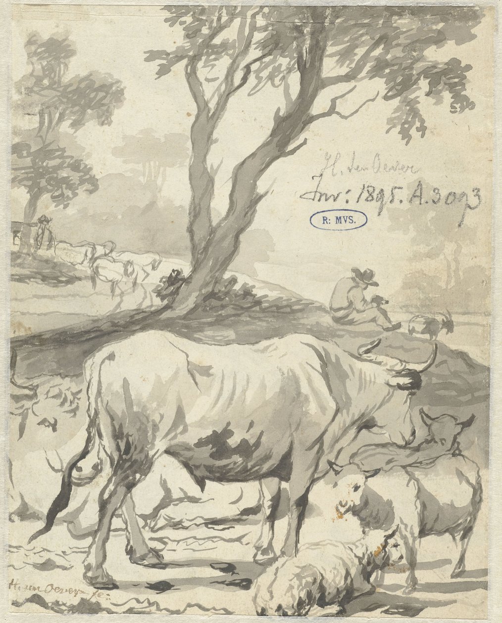 Pastor com vacas e ovelhas debaixo de uma árvore de Hendrick ten Oever