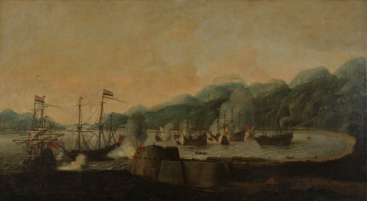 Um esquadrão holandês sob o comando de Cornelis Simonsz van der Veer Realizando um ataque surpresa a três galeões portugueses na Baía de Goa Velha, 30 de Setembro de 1639 de Hendrick van Anthonissen