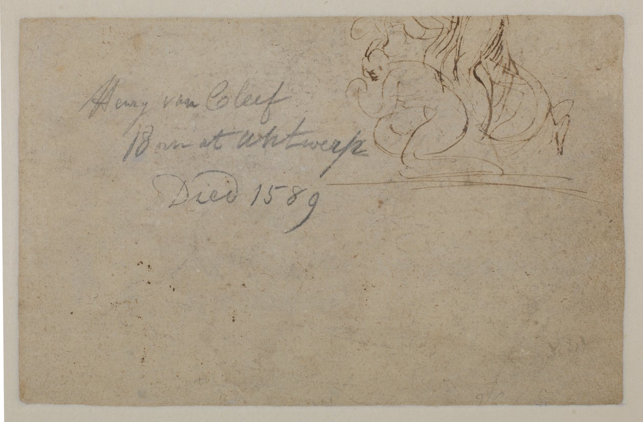 Anotação por uma mão posterior. Esboço de uma figura agachada e um cavalo de criação, século XVI de Hendrick van Cleve