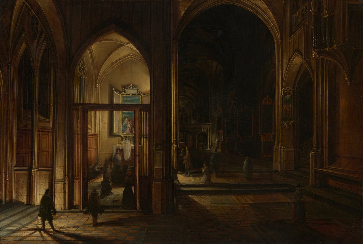 Interior de uma igreja gótica à noite de Hendrick van Steenwijk the Younger