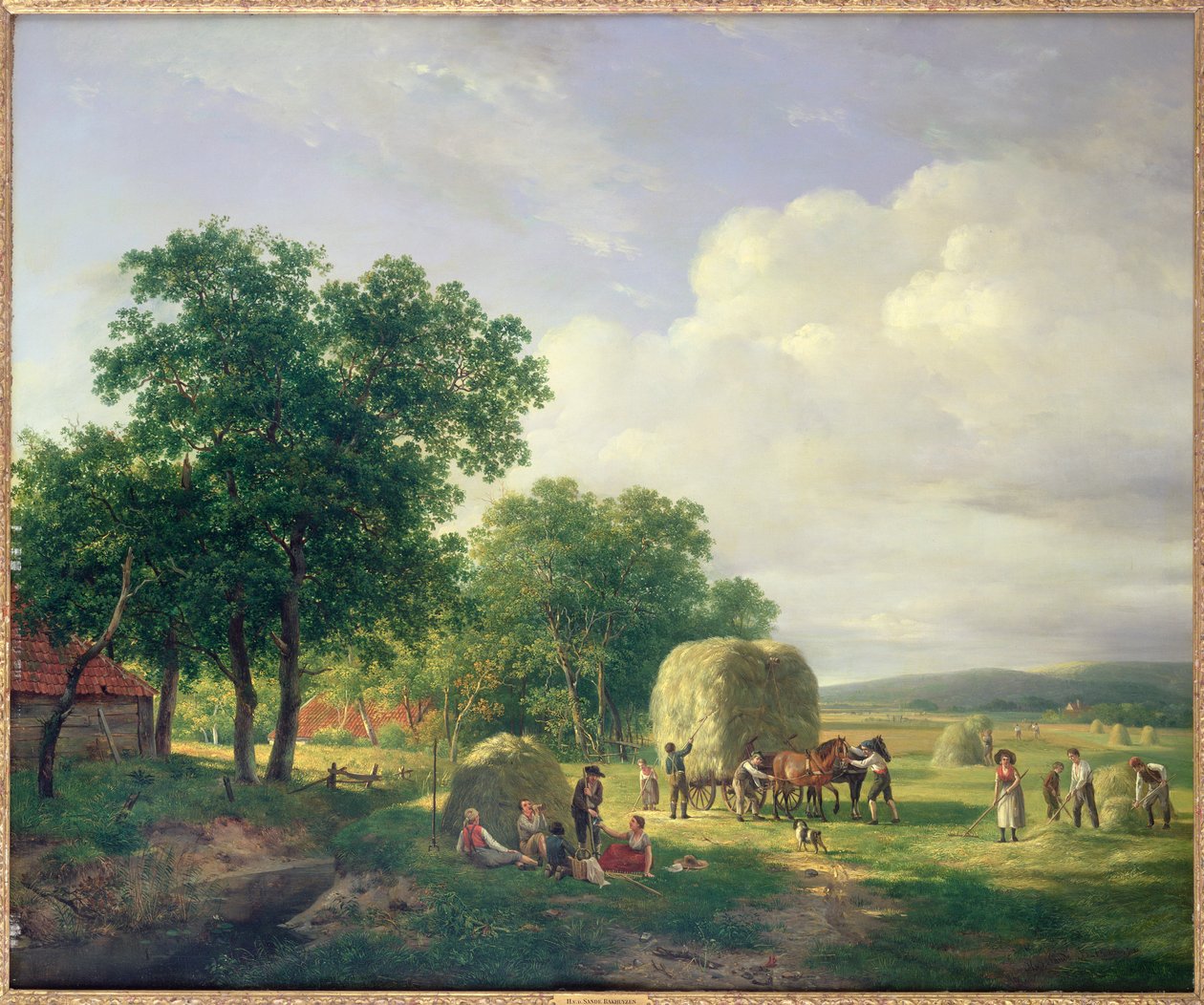 Uma paisagem arborizada com fazedores de feno de Hendrick van de Sande Bakhuyzen
