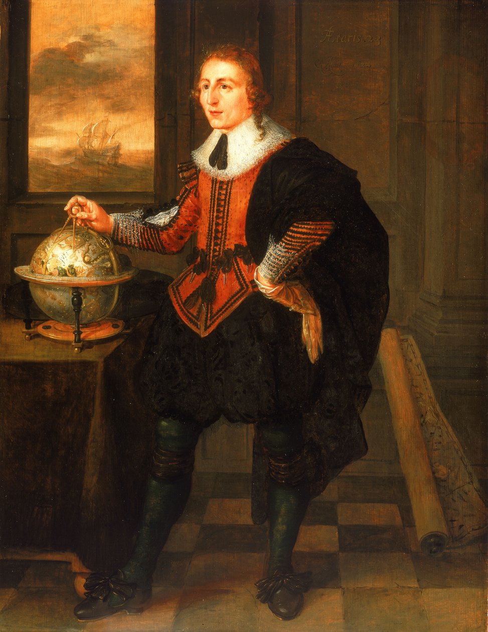 Um navegador com globo terrestre e separadores de Hendrick van der the Elder Borcht
