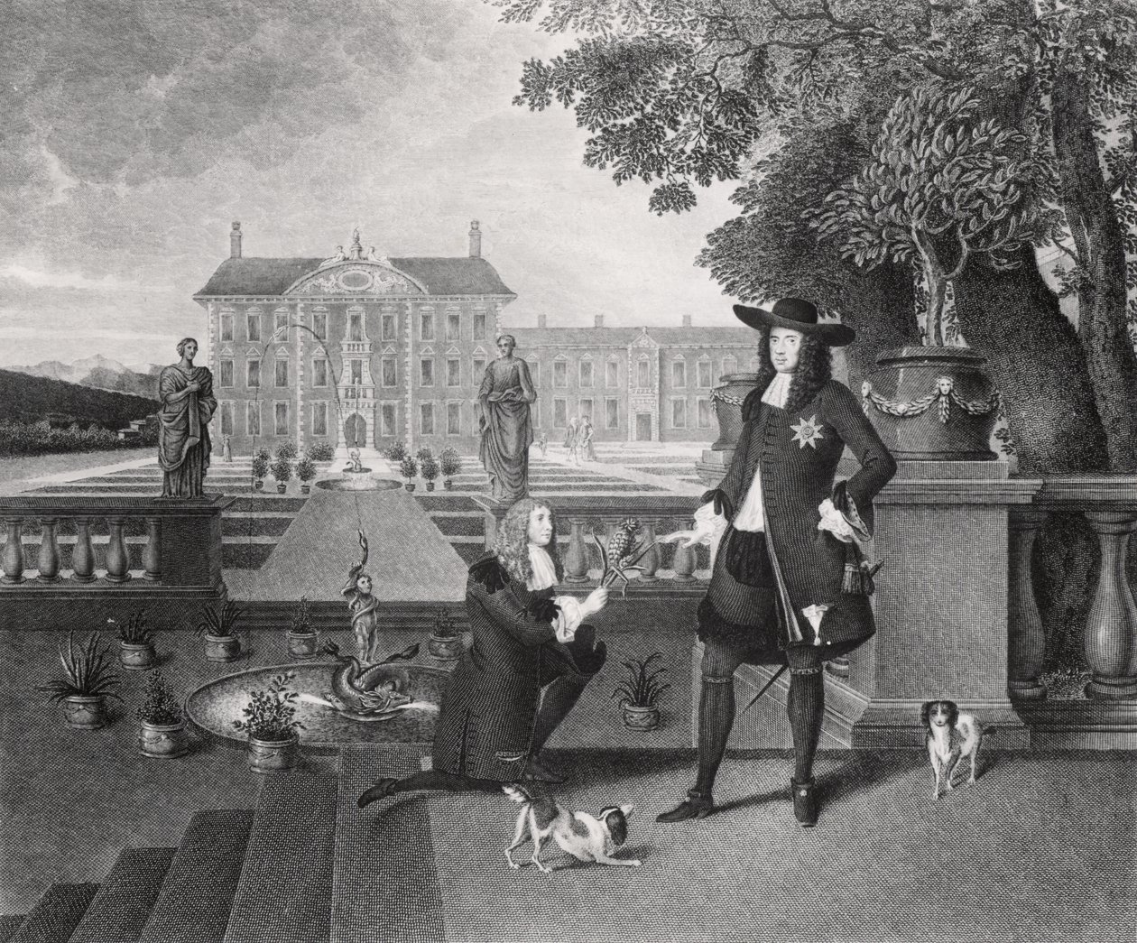 John Rose (c.1621-77) o jardineiro do rei, apresentando Charles II (1630-85) com o primeiro abacaxi cultivado na Inglaterra, em Dorney Court, c.1670 de Hendrick Danckerts